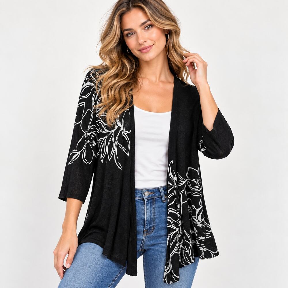 Chico's Lightweight Cardigan Sweater Women's Size 3 (xl) Black Floral Coastal